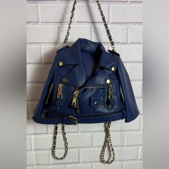 Blue Faux Leather Moto Jacket Style Backpack Purse Gold Chain Convertible Bag main image 7